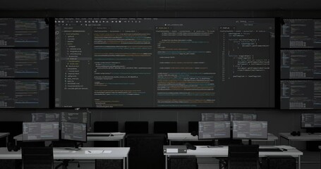 Wall Mural - programming code moving on big black screen background horizontal with multiple monitors and desktop