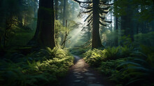 Enchanting Trail Through A Lush Verdant Temperate Forest Of Old Trees, Moss And Green Vegetation. 