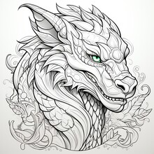 Monochrome Mandala With Dragon Head For Coloring. Symbol Of 2024. Year Of The Dragon. AI Generation.