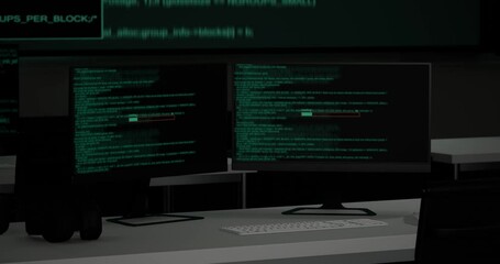 Wall Mural - close up of terminal window desktops showing code moving on black screen background on the table in 