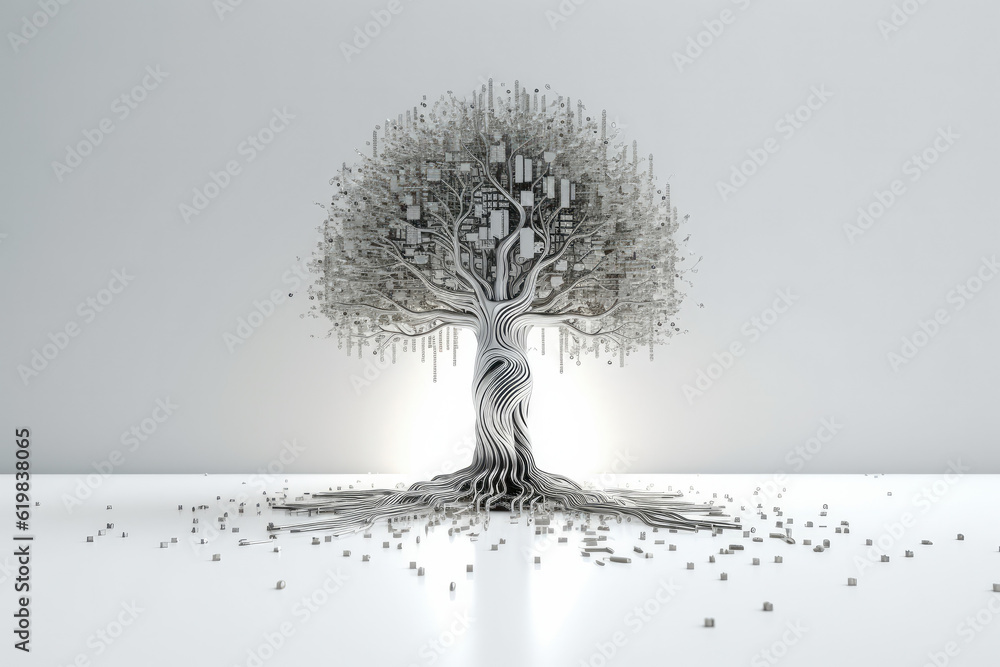 Generative AI illustration of white digital tree with branches and ...