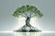 © ADDICTIVE STOCK - Generative AI illustration of beautiful glowing tree growing on cities representing digital technology in studio