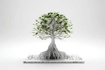 Generative AI illustration of beautiful glowing tree growing on cities representing digital technology in studio