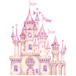Magic princess castle. Pink fairytale watercolor hand painted illustration isolated on white background. Ideas for baby shower invitation, kids greeting cards, girls nursery decoration