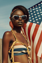 Generative AI Image Of Confident African American Woman In Colorful Bikini And Sunglasses Standing Near American Flag During Independence Day