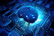 © ADDICTIVE STOCK - Generative AI abstract illustration of brain shape illuminated in blue neon color and light in dark cyberspace connected to hardware