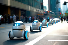 Generative AI Fantasy Illustration Of Line Of Robotic Androids On Wheels Illuminated With Blue Neon Lights On Asphalt Road On Street