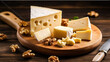 A Bountiful Display of Fresh Cheese and Nuts on a Wooden Board. Generative AI