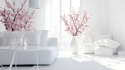 Wall Mural - Modern White Interior Design Infused with Vibrant Spring Decorations. Generative AI