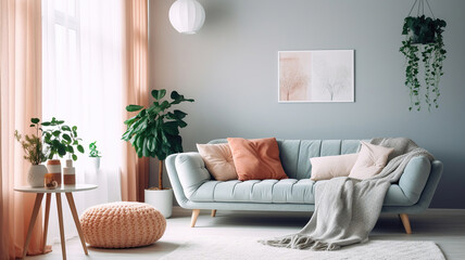 Wall Mural - Cozy modern bright light living room with sofa, Generative AI