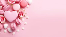 Pink Fresh Fragrance Roses In Heart Shape With Macaroon Around Pink Background. Romantic And Beauty Concept