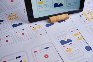 UX mobile application wireframe. Sketch, prototype, framework, layout future app design project. UI/UX - user interface and user experience designer. Creative concept for smartphone. App development 