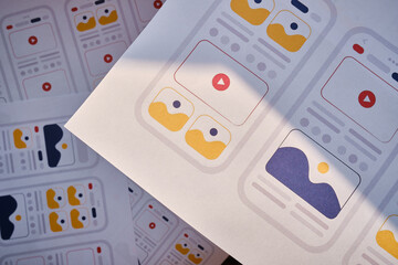 UX mobile application wireframe. Sketch, prototype, framework, layout future app design project. UI/UX - user interface and user experience designer. Creative concept for smartphone. App development 