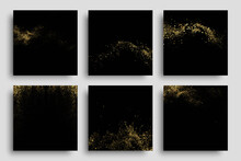 Gold Glitter Texture On Black Background. Abstract Golden Color Particles, Confetti Glitter Flow. Festive Background Set