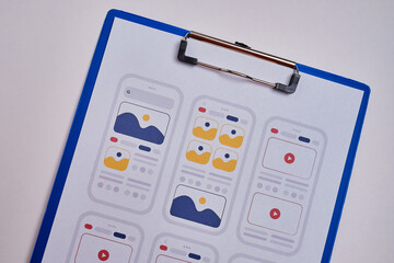 UX mobile application wireframe. Sketch, prototype, framework, layout future app design project. UI/UX - user interface and user experience designer. Creative concept for smartphone. App development