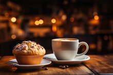 Coffee Latte Served With A Muffin With Blurred Restaurant Background Generative AI