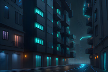 Bioluminescent lights, Futuristic City With Billboards Road, Hyper Realistic, Fantasy AI Generative Illustration, 