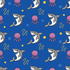 Wall Mural - shark and jellyfish cartoon seamless pattern