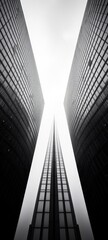 Wall Mural - a wallpaper smartphone background photo of a modern office buildings skyscrapers taken from below with cloudy white sky in the back. black and white monochrome. Generative AI