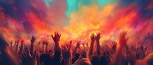 Cheering Crowd With Hands In Air At Music Festival In Front Of Musical Stage, Generative AI