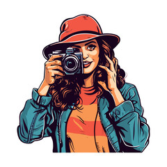 Sticker - Smiling fashion woman holding camera, looking