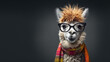 Portrait of cute lama alpaca in trendy transparent glasses and neckerchief , isolated on grey background with copy space