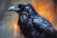 Painting Of A Black Raven Against Blurred Background.