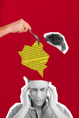 Poster - Vertical collage picture of arm hold fork black white gamma guy divided head suffer pain book page text isolated on red background