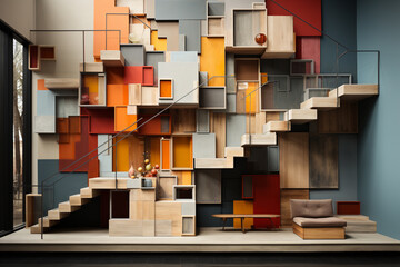 Poster - A mixed-media collage featuring a combination of real-life photographs and abstract geometric elements to create a visually intriguing representation of stairs.  Generative AI.