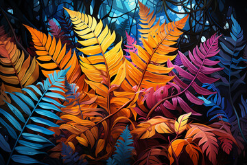Poster - An abstract painting featuring vibrant colors and geometric shapes inspired by the fern's graceful form.  Generative AI.
