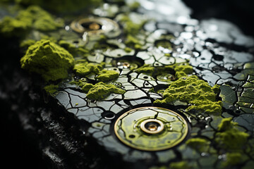 Poster -  of moss growing on a stone surface, where the intricate patterns and textures of the moss create a captivating display of geometric forms.  Generative AI.