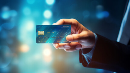 クレジット カード ビジネス支払い金融を示す手は、電子取引金融購入商業通貨支払銀行振込の商業オンライン ショッピング デビット背景GenerativeAI