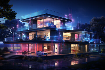Poster - Digital community, smart homes and digital community. DX, Iot, digital network in society concept. suburban houses at night with data transactions. Generative AI.