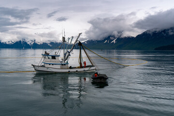 Commercial seiner and its skiff hauling the net full of salmon, Prince William Sound, Valdez, Alaska