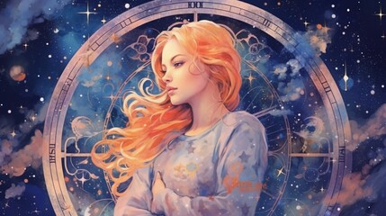 a female figure, a girl against the background of the starry sky with an astrological crown of the n