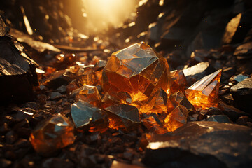 Poster - Beautiful image of extracting gold ore from a mine, pastel colors natural background  Generative AI.