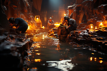 Poster - An image portrays a gold mine, with workers sifting through sediment and using traditional mining techniques. Generative AI.