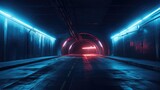Fototapeta Perspektywa 3d - Dark underground tunnel interior with blue red neon lights, abstract transportation background