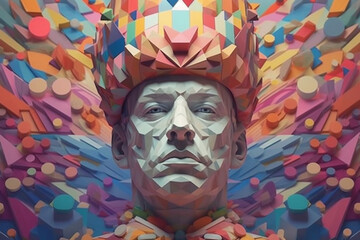 Poster - A pastel-colored geometric king's portrait made of interlocking shapes and gentle pastel shades, offering a unique interpretation of regal elegance. Generative AI technology.