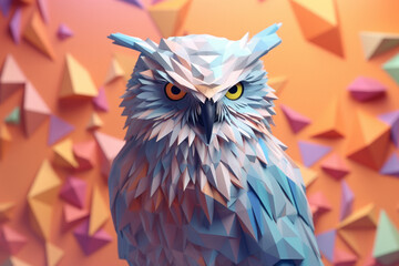 Fototapete - A pastel-colored geometric-themed Owl illustration with angular shapes and delicate pastel shades, capturing the wisdom and grace of this majestic bird. Generative AI technology.