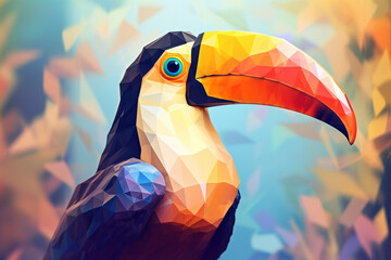 Fototapete - A pastel-colored geometric-themed Toucan illustration with angular shapes and delicate pastel shades, capturing the wisdom and grace of this majestic bird. Generative AI technology.