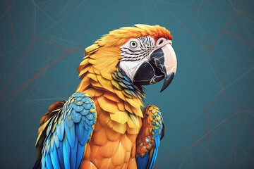 Fototapete - A pastel-colored geometric-themed Macaw illustration with angular shapes and delicate pastel shades, capturing the wisdom and grace of this majestic bird. Generative AI technology.