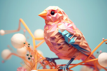 Fototapete - A pastel-colored geometric-style Perch artwork with intricate geometric shapes and soft pastel hues, showcasing the beauty of nature in a modern design. Generative AI technology.