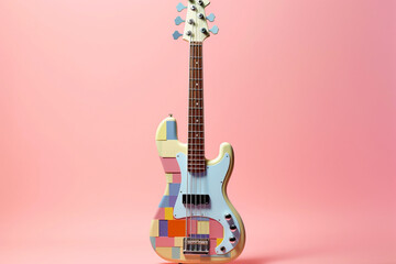 Fototapete - A pastel-colored geometric-style Bass guitar artwork with intricate geometric shapes and soft pastel hues, showcasing the beauty of nature in a modern design. Generative AI technology.