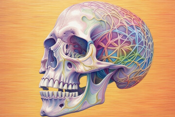 Poster - A pastel-colored geometric-themed skeleton embroidery artwork with intricate geometric stitches and soft pastel thread. Generative AI technology.