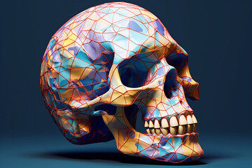 Poster - A trending image showcases an anatomical model of the human skull in a geometric style, with intricate geometric patterns and soft pastel colors. Generative AI technology.