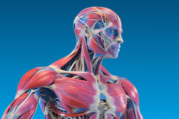 Poster - Anatomical models of the human muscular system are depicted in a geometric style, with abstract geometric patterns and pastel gradients, highlighting the anatomy. Generative AI technology.