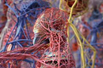 Aufkleber - Anatomical models of the human circulatory system are displayed in a geometric motif, with interconnected geometric lines and pastel hues, Generative AI technology.