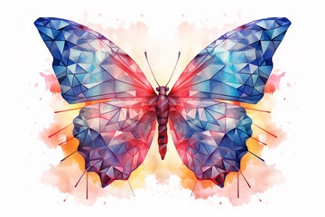 Fototapete - A trending image depicts a watercolor geometric style portrayal of a vibrant butterfly, with its intricate wings adorned with geometric shapes,  Generative AI technology.