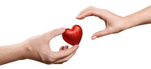 Male And Female Hands Sharing A Red Love Heart, Cut Out